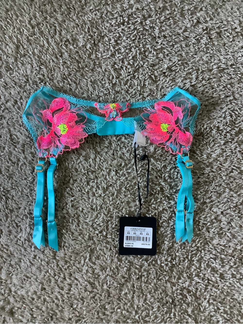 Lace Floral Garter Belt in Turquoise and Hot Pink